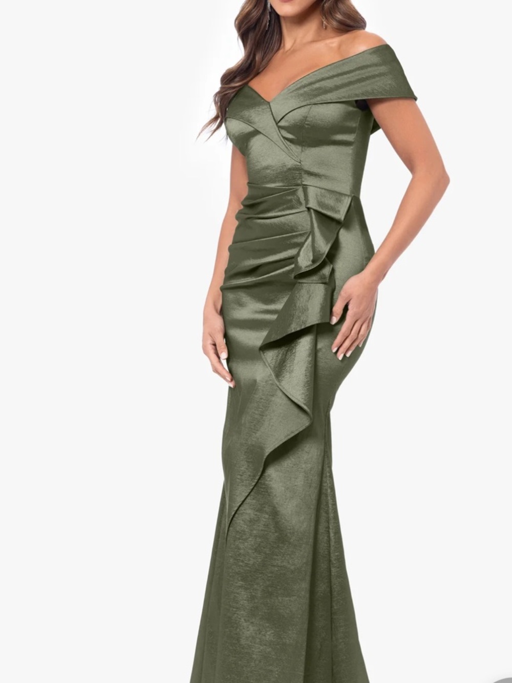 Xscape Olive Green Off-Shoulder Ruffled Satin Gown - Picture 2 of 14